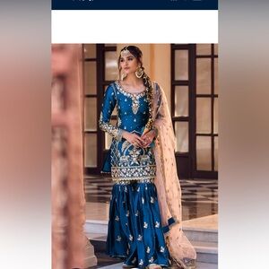 Teal Embroidered Gharara Suit with Peach Dupattai Indian outfit Indian 3 piece